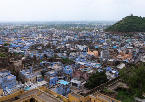 Cityscape with old blue houses brahmins under the fort, Rajasthan, Bundi, India