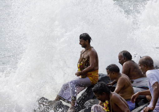 Priest And Devotees Bathing Shiva's Statue During Masi Magam Festival, Pondicherry, India