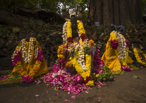 Altar With Statues Of Deities Adorned With Flowers And Offerings At The Ayyanar Temple, Pudukkottai, India