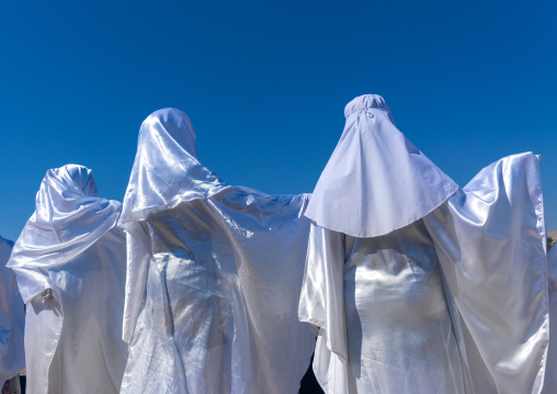 Women in white chadors during a traditional religious theatre called tazieh about Imam Hussein death in Kerbala, Lorestan Province, Khorramabad, Iran