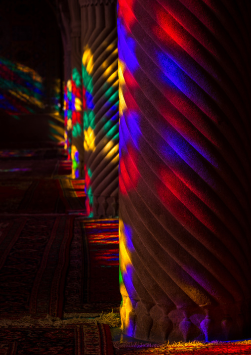 The Pillars Of Nasir Ol Molk Mosque With Its Beautiful Colors, Fars Province, Shiraz, Iran