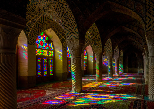 The Prayer Hall Of Nasir Ol Molk Mosque With Its Beautiful Coloured Glass Windows, Fars Province, Shiraz, Iran