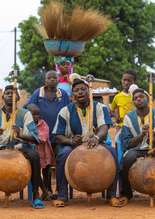 African musicians playing koras during Boloye dance of the panther man, Savanes district, Waraniene, Ivory Coast