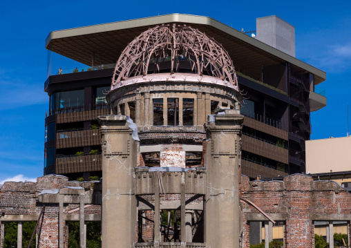 The Genbaku dome also known as the atomic bomb dome in Hiroshima peace memorial park, Chugoku region, Hiroshima, Japan