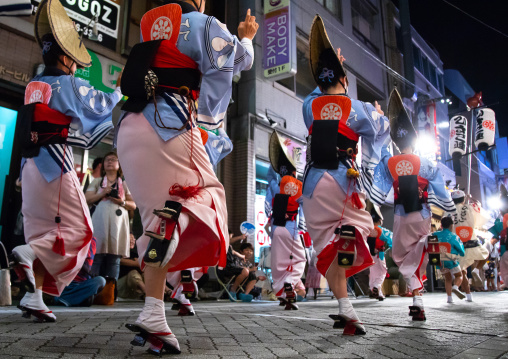 Japanese women dancing during the Koenji Awaodori dance summer street festival, Kanto region, Tokyo, Japan