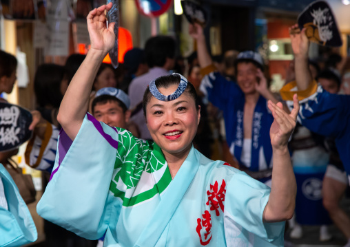 Japanese dancers during the Koenji Awaodori dance summer street festival, Kanto region, Tokyo, Japan