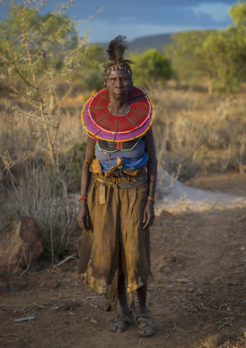 A pokot woman wears large necklaces made from the stems of sedge grass, Baringo county, Baringo, Kenya