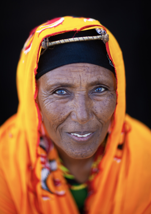 Portrait of a Gabra tribe woman wearing the traditional headwear, Marsabit County, Chalbi Desert, Kenya