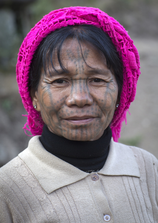 Tribal Chin Woman From Muun Tribe With Tattoo On The Face, Mindat, Myanmar