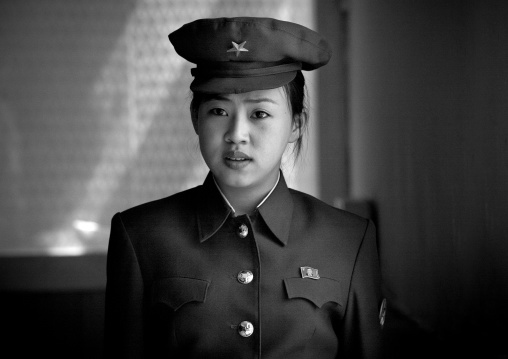 North Korean woman guard in central history museum, Pyongan Province, Pyongyang, North Korea