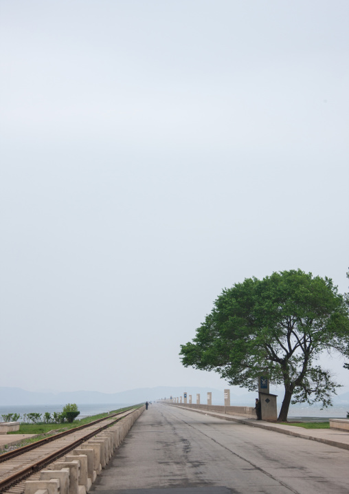 West sea dam with railroad and highway on it on the west sea barrage, South Pyongan Province, Nampo, North Korea