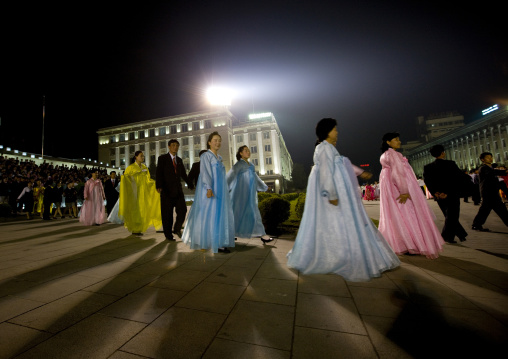 North Korean students dancing to celebrate april 15 the birth anniversary of Kim Il-sung on Kim il Sung square, Pyongan Province, Pyongyang, North Korea