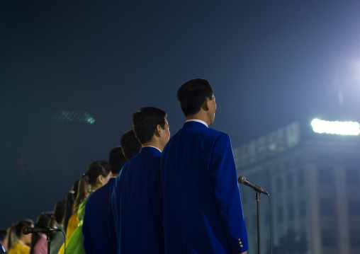 North Korean artists during a mass dance to celebrate april 15 the birth anniversary of Kim Il-sung on Kim il Sung square, Pyongan Province, Pyongyang, North Korea