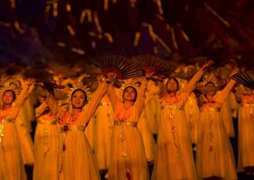 North Korean women dancing in choson-ot during the Arirang mass games in may day stadium, Pyongan Province, Pyongyang, North Korea