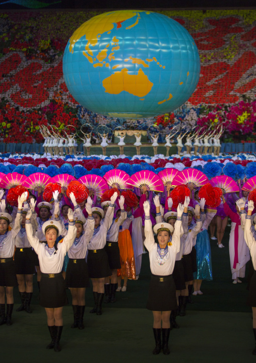 Sexy North Korean women dressed as sailors during the Arirang mass games in may day stadium, Pyongan Province, Pyongyang, North Korea