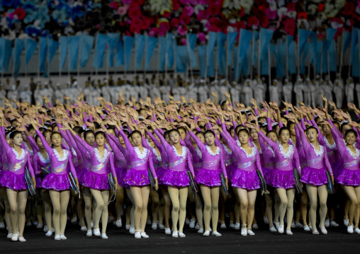 North Korean gymnasts performing during the Arirang mass games in may day stadium, Pyongan Province, Pyongyang, North Korea