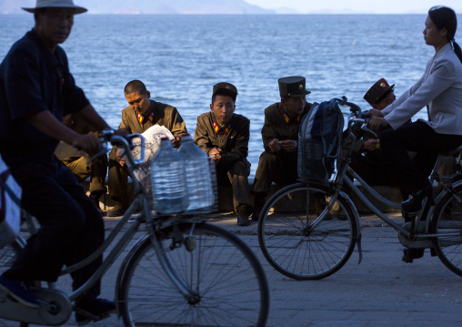 North Korean soldiers resting on the beachfront, Kangwon Province, Wonsan, North Korea