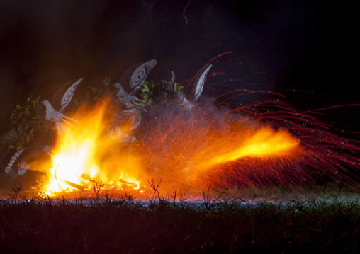 Dancer with a giant mask during a Baining tribe fire dance, East New Britain Province, Rabaul, Papua New Guinea