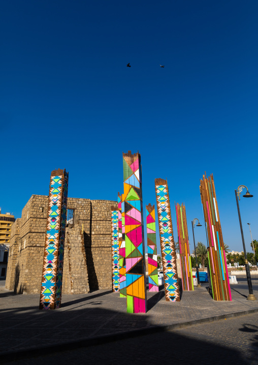 Multi colored modern art columns in bab sharif city gate, Mecca province, Jeddah, Saudi Arabia
