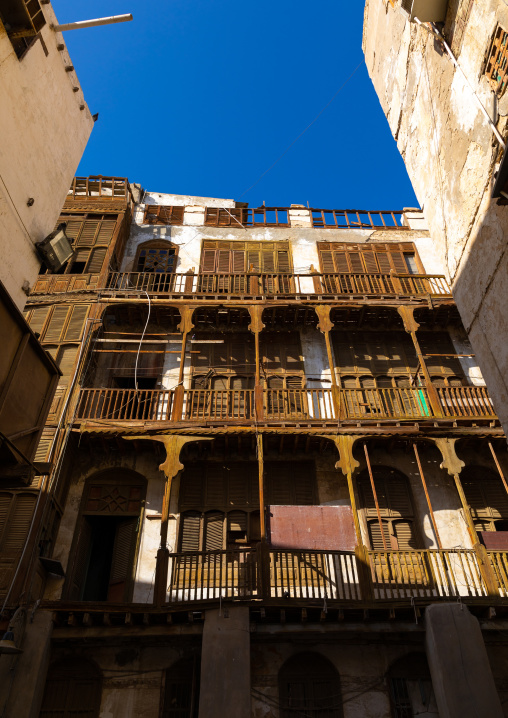 Historic house with wooden mashrabiyas in al-Balad quarter, Mecca province, Jeddah, Saudi Arabia