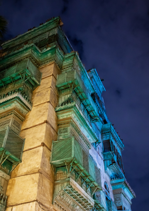 Historic house with wooden mashrabiyas in al-Balad quarter at night, Mecca province, Jeddah, Saudi Arabia