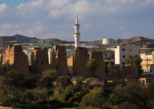 Aerial view of an old village with traditional mud houses, Asir province, Dhahran Al Janub, Saudi Arabia