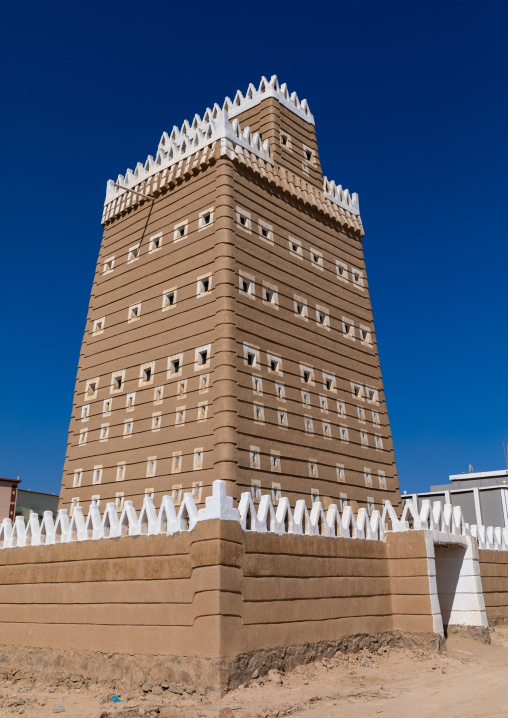 Traditional old mud house against blue sky, Najran Province, Najran, Saudi Arabia