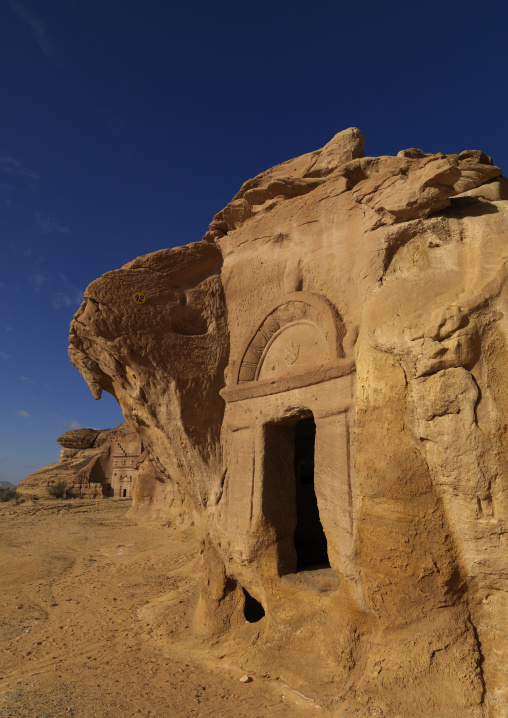 Nabataean tomb in al-Hijr archaeological site in Madain Saleh, Al Madinah Province, Alula, Saudi Arabia