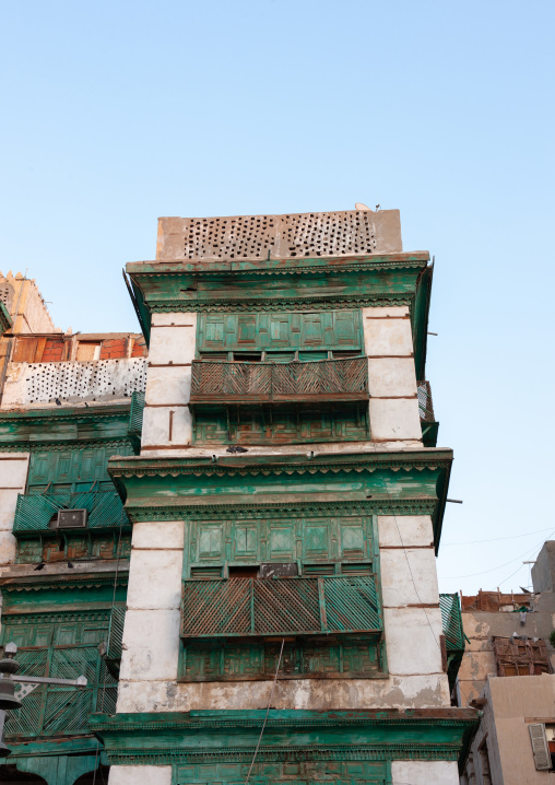 Houses with wooden mashrabia and rowshan in the old quarter, Hijaz Tihamah region, Jeddah, Saudi Arabia