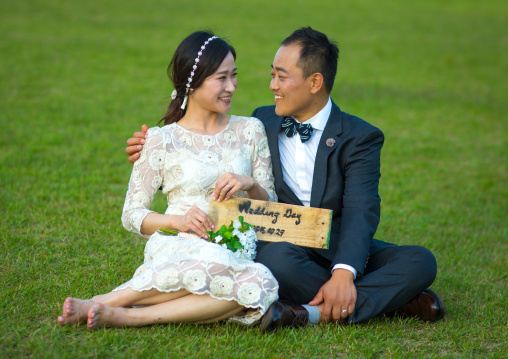 North korean defector joseph park with his south korean fiancee called juyeon in imjingak park, Sudogwon, Paju, South korea