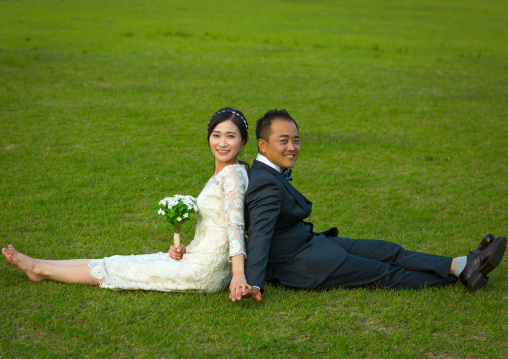 North korean defector joseph park with his south korean fiancee called juyeon in imjingak park, Sudogwon, Paju, South korea