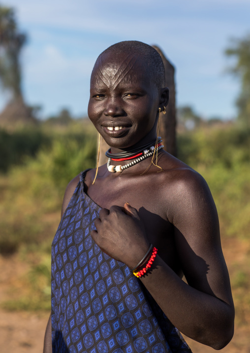 Portrait of a Mundari tribe woman with scarifications on the forehead, Central Equatoria, Terekeka, South Sudan